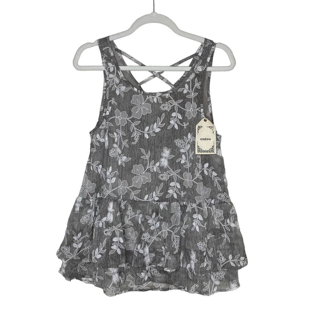 Entro Floral Sleeveless Tiered Peplum Tank Top Gray Small Layered Criss-Cross